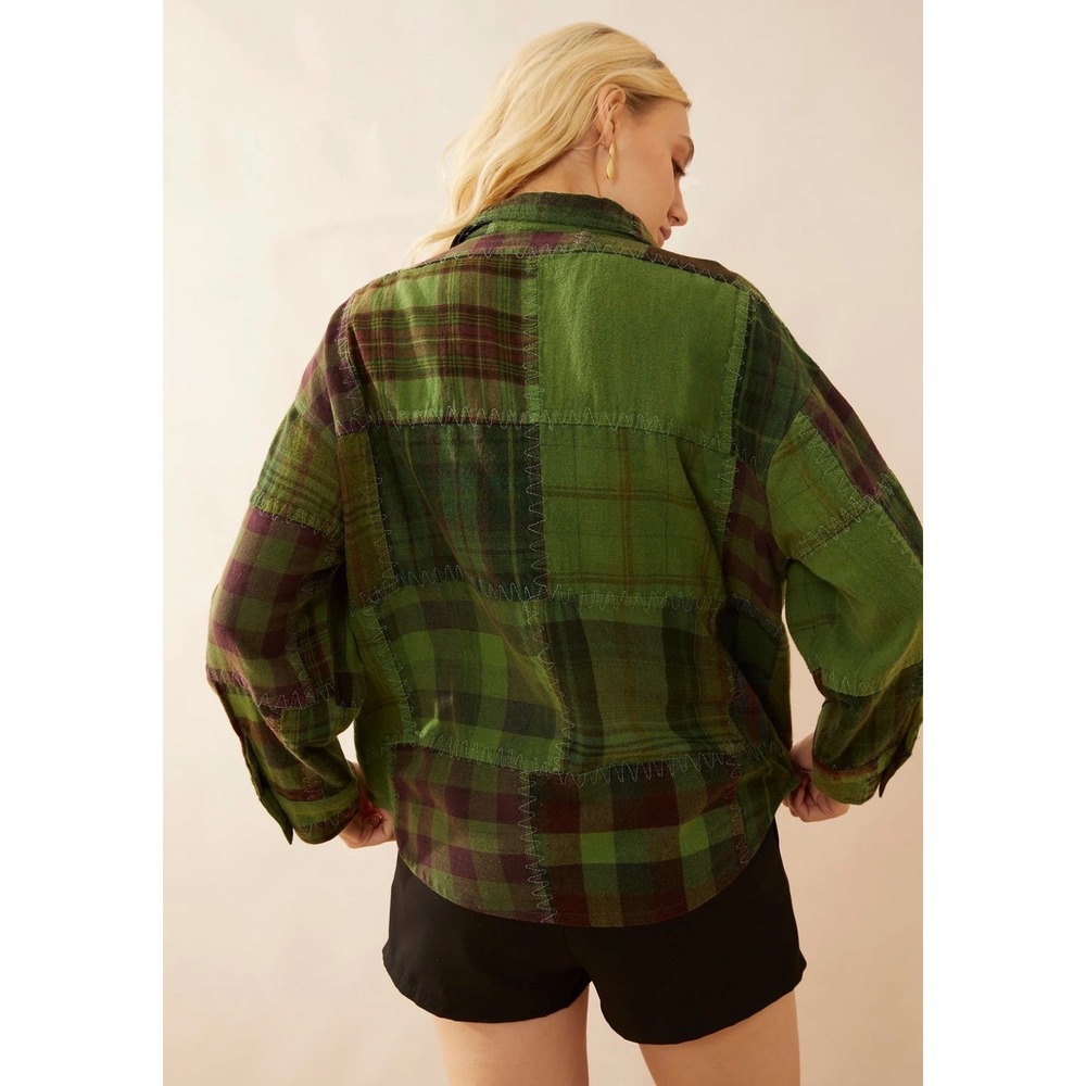 ‼️SALE‼️Bohera Green Patchwork Plaid Flannel Shirt Shacket Zigzag Stitching - Picture 2 of 7